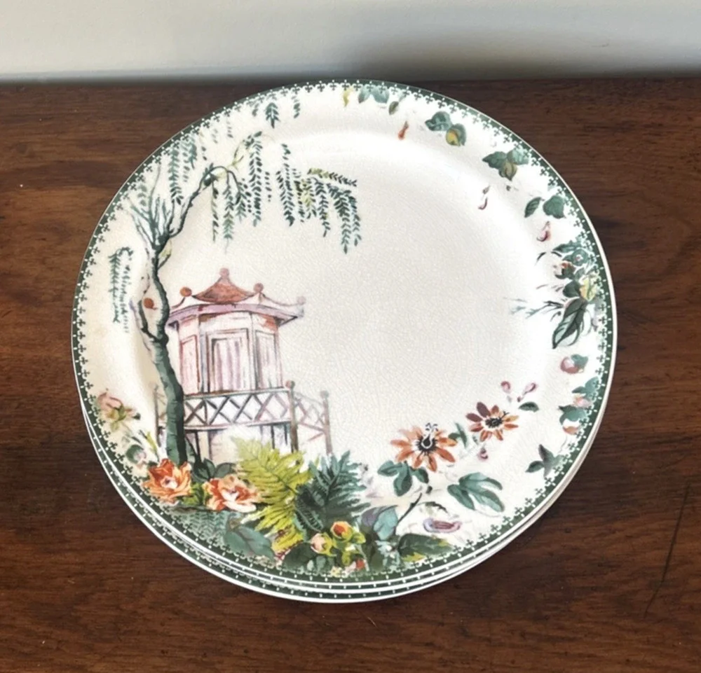 Pottery Barn “Chinoiserie” Pagoda Dinner Plates 10.75” Crazed Finish Set of 4